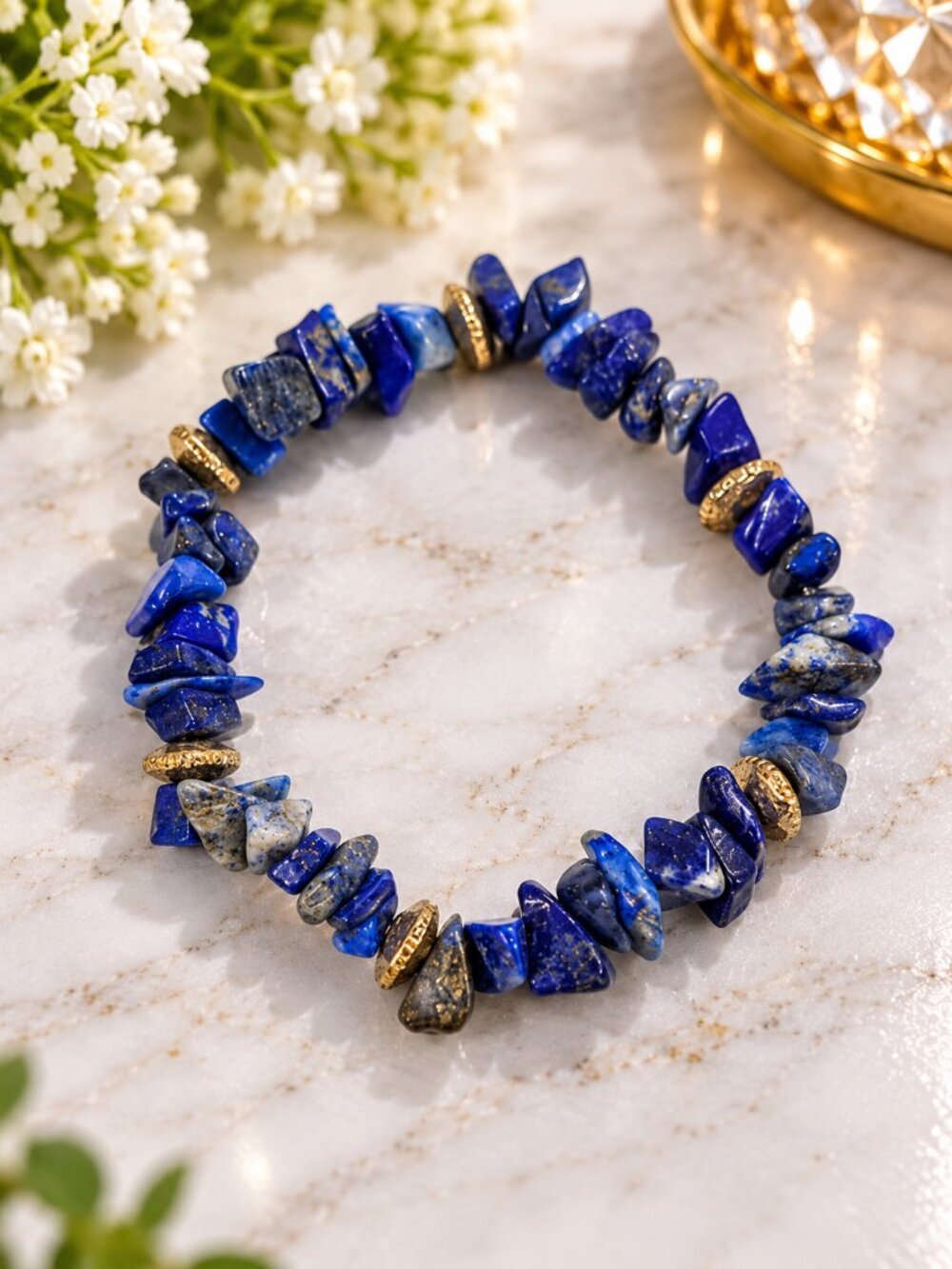 Lapis Blue Stone Chip Stretch Bracelet with Gold Tone Accents - Fashion Jewelry
